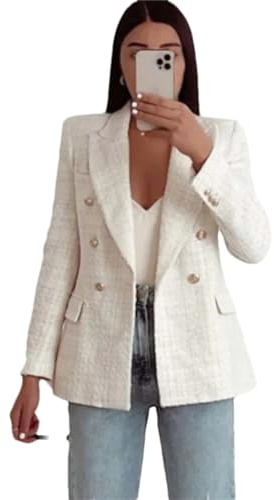 Blazer manteau en tweed à double boutonnage pour femme - Vintage uni pour le travail et le bureau - Veste à manches longues avec poche, beige, M