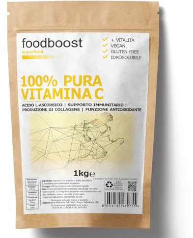 100% Vitamina C in polvere Pura 1 Kg - foodboost - senza additivi, conservanti, edulcoranti. Per Collagene, supporto immunitario, ossa e articolazioni. marchio di fiducia italiano