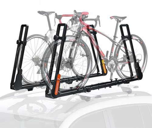 TOOENJOY Roof Mount Bicycle Car Rack, Upright Bike Rooftop Mount Rack with Dual Load Arm & Safe Ratchet Lock,Only for Movable Crossbar