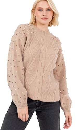 Lovedrobe Women's Cable Knit Jumper Ladies Crew Neck Sweater Long Balloon Sleeve Pearl Embellished Oversized Longline Knitwear, Camel 40-42