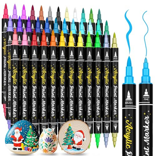 APOGO Acrylstifte für Steine Wasserfest, 36 Farben Dual Tip Acrylfarben Set(Feine Spitze & Pinselspitze), Multimarker Acrylic Marker Stifte für Halloween Kürbis Deko, Tassen, Steine, Heko