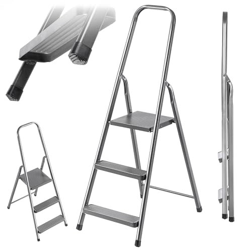 KADAX Scaletta pieghevole in acciaio, 3 gradini, con piedini antiscivolo e ripiano, scala a pioli unilaterale, per casa e giardino