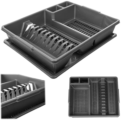KADAX Égouttoir à vaisselle en plastique avec panier à couverts et plateau d'égouttement, 42 x 34,5 x 8,5 cm, support à vaisselle pour assiettes, verres, couverts (argent)