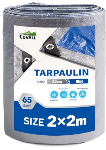 Covall Bâche de Protection Imperméable Exterieur 65g/m² Argent/Bleu légères 2x2m étanche Trous soudés aux Moisissures Multi usages UV pour Voiture Camion RV Maison Tente Bateau Piscine