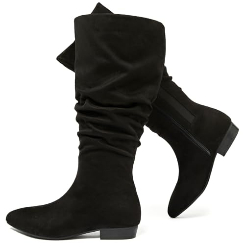 Ruiee Women's Extra Wide Calf Knee High Boots, True Wide Width Long Slouchy Boots for Ladies, Low Flat Heel Casual Combat Tall Boots for Women., Black Mf 368, 9 X-Wide