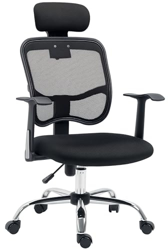 Vinsetto Sedia da Ufficio Ergonomica Reclinabile con Seduta Regolabile e Poggiatesta, Sedia da Scrivania in Tessuto a Rete e Acciaio per Casa e Studio, 63x62x106-114 cm, Nero