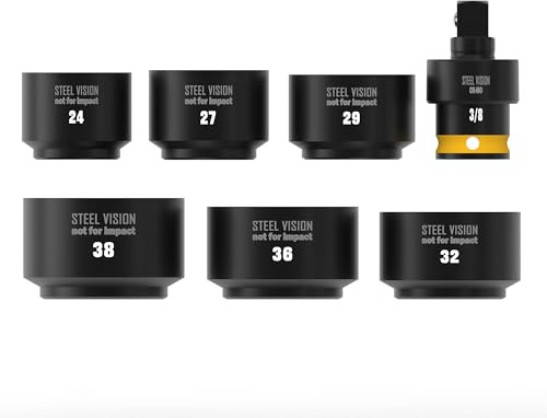 Steel Vision 7-Piece 3/8 Drive Low Profile Oil Filter Socket Set, (24, 27, 29, 32, 36, 38mm) + 3/8 Universal Joint Adapter, Chrome Vanadium Steel, 6-Point, Laser-Etched Markings (7pc w/U-Joint)
