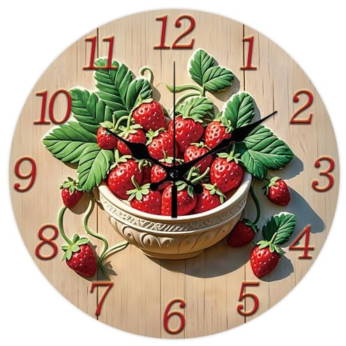 CHGCRAFT 3D Relief Strawberry Bowl Pattern Wall Clock 12 Inch Non-Ticking Clocks Round Wall Hanging Clock Battery Operated for Bedroom Living Room Kitchen Office