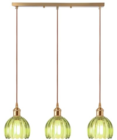 LIGINOK Lámpara Colgante Retro de 3 Luces Luz Colgante Ajustable en Altura Lámparas de Techo de Vidrio Verde Flores E27 Lámpara de Araña para Cocina Isla Mesa,Salón,Comedor
