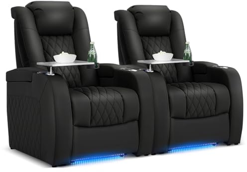 PBRO Home Theater Seating Genuine Leather Recliner Chair, Power Reclining & Headrest, USB A/C Charging Ports, Tray Table, Cup Holder Ambient Lighting Black 2 Set
