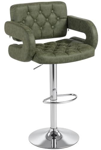 HOMCOM Bar Stool w/Wide Seat U-Shaped Armrest PU Leather, Green | Height Adjustable Swivel Bar Chairs with Footrest, Button Tufted Barstools, Kitchen Island, Breakfast