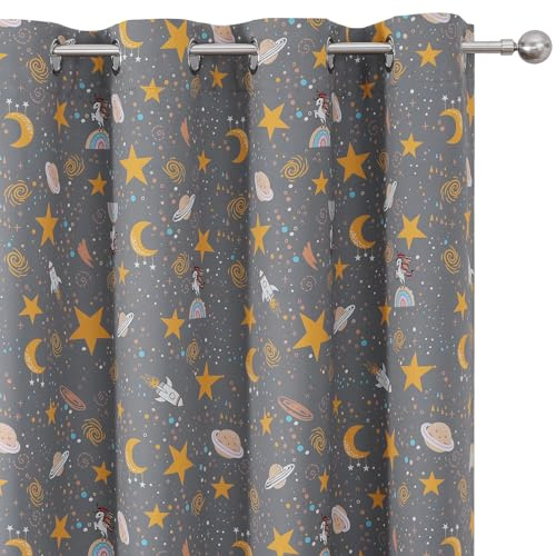VEHEDE Grey Blackout Curtains for Bedroom/Nursery, 63 Inch Thermal Insulated Star Moon Curtains for Boys Girls, Eyelet Drapes Unicorn Planet Printed Window Treatment Decor W38 x L63 Inch, 2 Panels