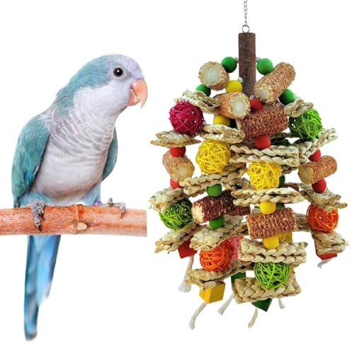 Hiwzitar Parrot Chew Toy, Natural Material Bird Foraging Toy for Conures, Quaker Parrots, Medium-Sized Birds - Colorful Hanging Shredding Toy with Woven Ball, Corn Cob and Wooden Beads