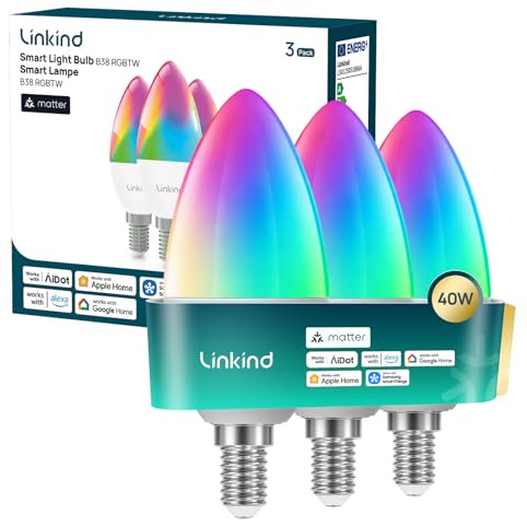 Linkind Matter E14 Smart Glühbirne B38 RGBTW, 1800K-6500K, 16 Mio. Farben, Sprachsteuerung, Musik-Sync, CRI 90+, kompatibel mit Alexa/Apple Home/Google Home/SmartThings, 470lm, 4.8W, 3 Stück