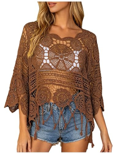Tunique de Plage Femme Bikini Cover Up - Haut en Crochet Bohème à Franges, Pull Transparent Ajourée Blouse Tricotée Coupe Ample Top Maillot de Bain Robe Boho Crochet Top Été