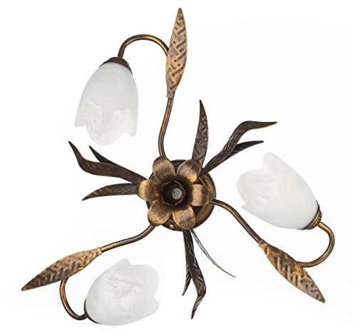 ONLI Forgiata - Plafoniera 3 Luci, Vetro opaco color Bianco, Metallo Marrone spennelato Oro