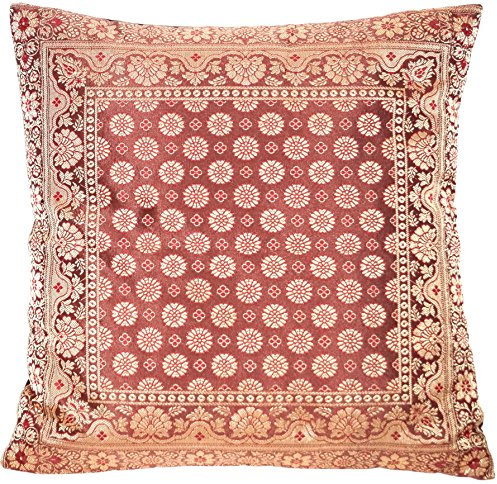 Ruwado - Handgewebt und Handgefertigt Indische Banarasi Seide Dekokissen, Kissenüberzug, Kissenhülle, Kissenbezug, Zierkissenbezug - (Blumen Muster 40 x 40 cm | 16 x 16 Zoll, Dunkelbraun)
