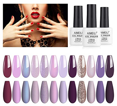 AIMEILI Gel Nail Polish Set, 8ml 12 Colours Soak Off UV LED Gel Nail Polishes Nail Art Gel Polish Gift Kit 19