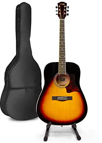 MAX SoloJam Westerngitarre, Akustik Gitarre Set, Acoustic Guitar, Akustikgitarre 4/4 mit Tasche, Gitarrenständer, Plektrum, Stimmgerät, Schultergurt und Stahlsaiten, Anfängergitarre in Sunburst
