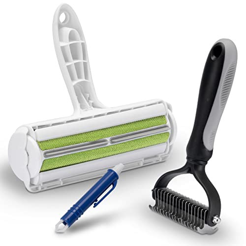 FinoPet 3er Set Hundebürste Katzenbürste XL Fusselrolle und Zeckenzange im Aktionsset Langhaar und Unterwolle Fellbürste Tierhaarentferner Automatische Zeckenentfernung