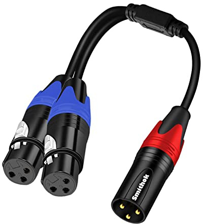 Smithok 1 Male to 2 Female XLR Y Splitter Micrphone Cable, 3 Pin XLR 2 Female to 1 Male, Combiner Y Cord Balanced Mic Audio Cables for Stero Mic to L&R Audio Track(11.8 inches/0.3m)