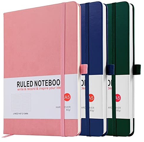 Notebook A5, 3 Pack Journal A5 Notebook 200 Pages 80 GSM Journal Notebook Hardback Notepad with Lined Pages, Pen Loop and Expandable Paper Pocket, Journal Notepad Note Book (Blue, Green, Pink))
