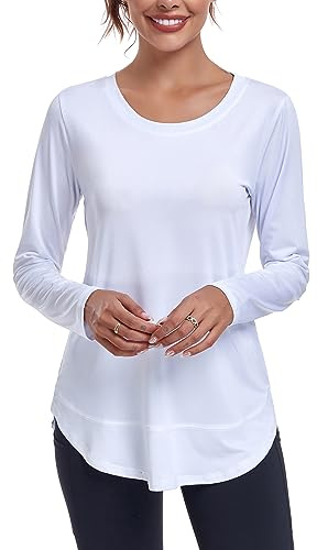 Deaviya Womens Long Sleeve Sports Tops UK, Sport Yoga T-Shirt Workout Running Tops, Crew Neck Quick Dry Golf Activewear Ladies Gym Sports Top, XXL,White