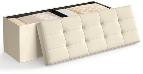 SONGMICS MAZIE Collection - Storage Ottoman Bench, 110 cm Folding Foot Rest Stool, End of Bed Bench, Easy Assembly, for Living Room, Bedroom, Entryway, Cream White LSF077W51