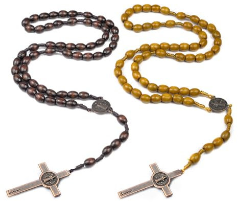 EclipseGuard 2 Stück Katholisches Kreuz Rosenkranz Halskette, Holz Rosenkranz Halsketten Katholische Rosenkranz Ketten aus Holz für Damen Kommunion Taufe, Bibel