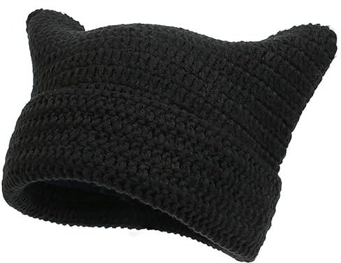 SINSEN Women's Cat Beanie Crochet Hats with Ears Knitted Striped Winter Warm Elastic Cap for Girls Adults (Solid Black)