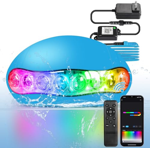 GEYUEYA Home Poolbeleuchtung Unterwasser 15W RGBIC, Pool licht für Aufstellpool, Pool Peleuchtung mit Fernbedienun, Poolscheinwerfer, IP68, DC5V, 5M Kabel Wasserdicht