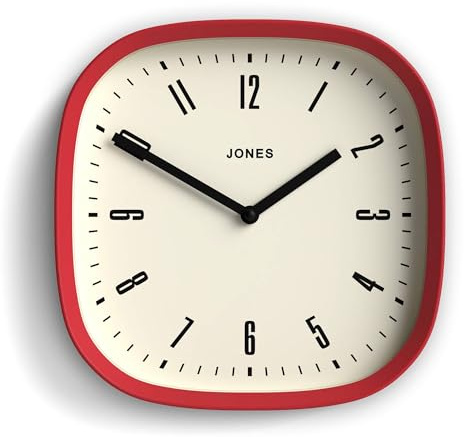 Jones Clocks® Marvel wall clock | Retro rounded square clock | 25cm | Red | Cool modern designer look for kitchen, living room or office