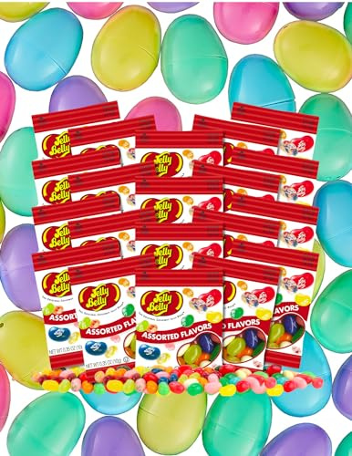 Easter Egg Candy Gift Bundle - 48 Mini Packs Jelly Belly Jelly Beans, Assorted Flavors .35-oz Fun Size & 48 Plastic Easter Eggs by Lyza's Sweets & Treats