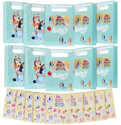 Bluey Party Bags - 10 Pcs Gift Bags with Sticker Sheet, Kids' Party Favours for Birthday Party