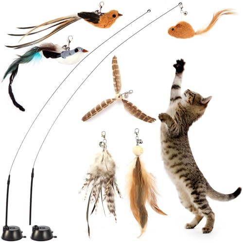 Maiguangta Assortment of Cat Feather Toy,Cat Wand Toy Pack,Interactive Bird Simulation Cat Toy Set with Sticky Super Suction Cup,Include Detachable Replacements Feathers Toys (Small, 6PC Set)