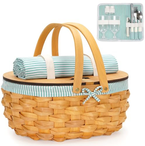 TECANA Picknickkorb für 2 - Großer Picknickkorb mit Deckel, Griff und herausnehmbarem Einsatz, Raufaser Picknickkörbe für Paare, Strand
