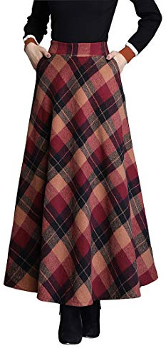 Artykey Jupe Longue Femme Hiver Taille Haute Vintage Élégant Maxi Jupe Taille élastique Carreaux A-Line Jupe Plissée Red L