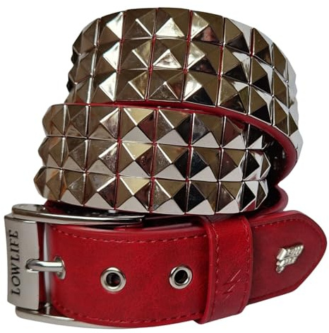 Lowlife of London Belts - Cintura a piramide in pelle con 3 file di borchie, stile punk, gotico, rock, con borchie in metallo, rivetti a tre file per uomini e donne, Rosso e argento, 40 - 42 Waist