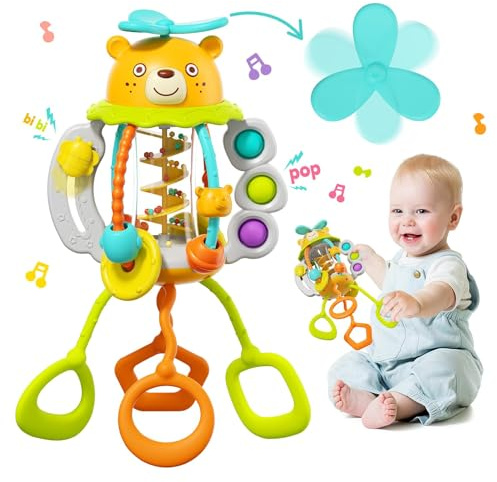 HOLA Montessori Toys for 1 Year Old Boys & Girls, Rattle Teething Baby Toy 0 to 6 to 12 Months, Silicone Pull String Sensory Toy for Babies, 1st Birthday Gifts for Boy and Girls