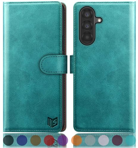 SUANPOT compatible with Samsung Galaxy A26 case with [RFID Blocking][Credit Card Holder],PU Leather Flip Book Protective Cover Women Men for Samsung A26 Phone case Blue Green