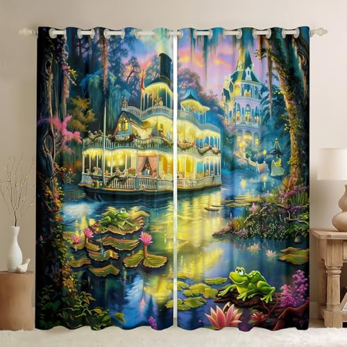 Cartoon Frog Kids Blackout Curtains,Castle Ship Summer Pond Lotus Leaf Window Drapes for Girls Boys,Tale Princess World Dreamy Vintage Chic Window Treatments Grommet Top 2 Panel Set,42Wx63L inch