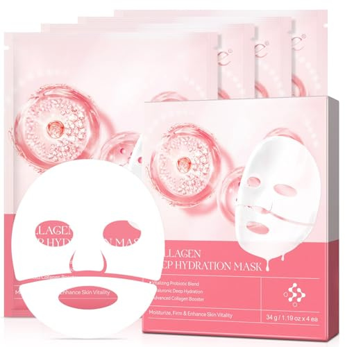 4 Stück Korean Collagen Mask, Kollagen Maske für Feuchtigkeit & Anti Aging, Tuchmasken Gesicht zur Pflege von feinen Linien, Falten & Minimiert Die Poren, Gesichtsmasken Set für Alle Hauttypen