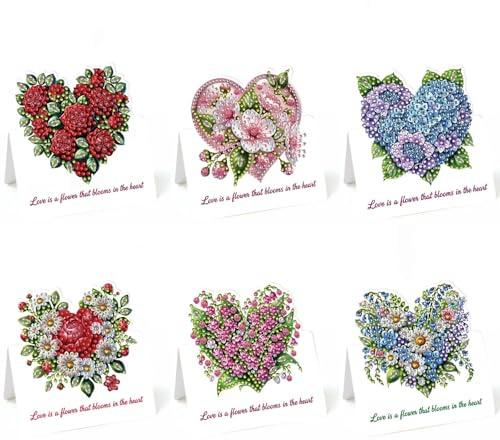 Lebartm Lot de 6 cartes de vœux pliables 3D pour la Saint-Valentin, peinture diamant à faire soi-même, cartes de remerciement avec enveloppes blanches, pour festival, vacances, fleurs