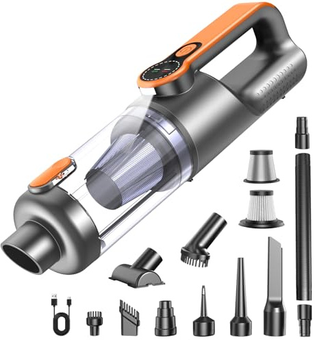 Aspirapolvere Senza Fili, 26000Pa 4-in-1 Aspirapolvere Auto Potente, Scarico Polvere One-touch, Motore Brushless, display HD e Illuminazione, Aspirapolvere Portatile per Casa/Ufficio/Auto, Arancione