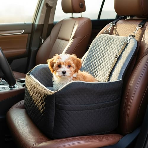 Dog Car Seat Booster Seat, Thick Padded Dog Bed for Small/Medium Under 35lbs Detachable Washable, with Storage Pockets & Safety Belt (Black/Grey)