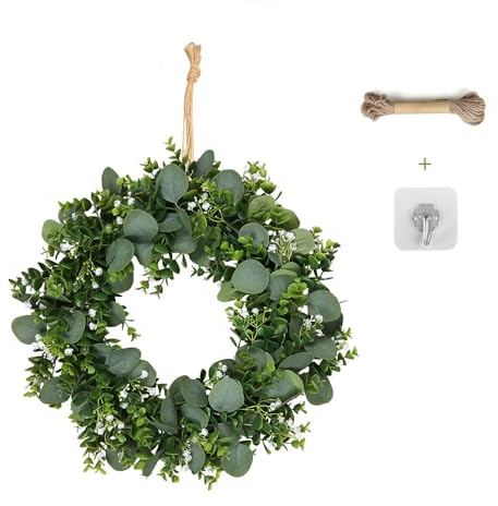SCBOY Eukalyptus Türkränze 45 cm Türkranz Frühling Türkranz Sommer mit Weiße Blume Grüner Blatt lebensechte künstliche Haustür DekoTürkranz Ganzjährig für Hochzeiten Valentinstag Landhausstil Fenster