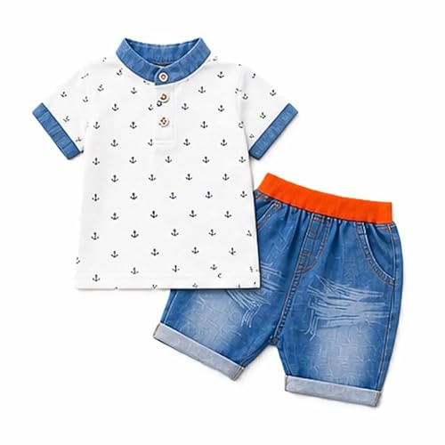 OrJana Completo Bambino 2 Pezzi, Polo con Ancore e Pantaloncini Jeans Leggeri Blu (white, 2-3 anni)