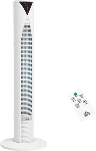 HOMCOM Tornfläkt med fjärrkontroll 70° oscillerande 96 cm pelarfläkt med 4 lägen 3 hastigheter 12-timmars timer 45 W vit