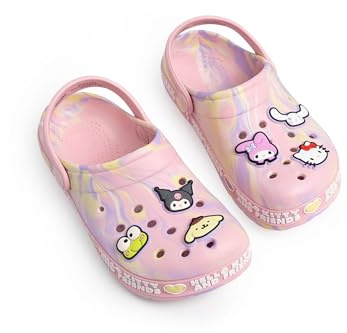 Hello Kitty Girls Pink Multi Character Clogs | Ventilation Holes & Adjustable Back Strap | Marble Print with Character Charms & Graphics Merch