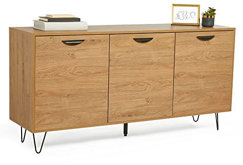 VonHaus Large Sideboard Oak Wood Effect - Wide 3 Door Sideboard for Living Room - Industrial Storage Cabinet w/Shelving, Black Hairpin Legs & Handles - Modern Furniture for Lounge & Hallway - Capri